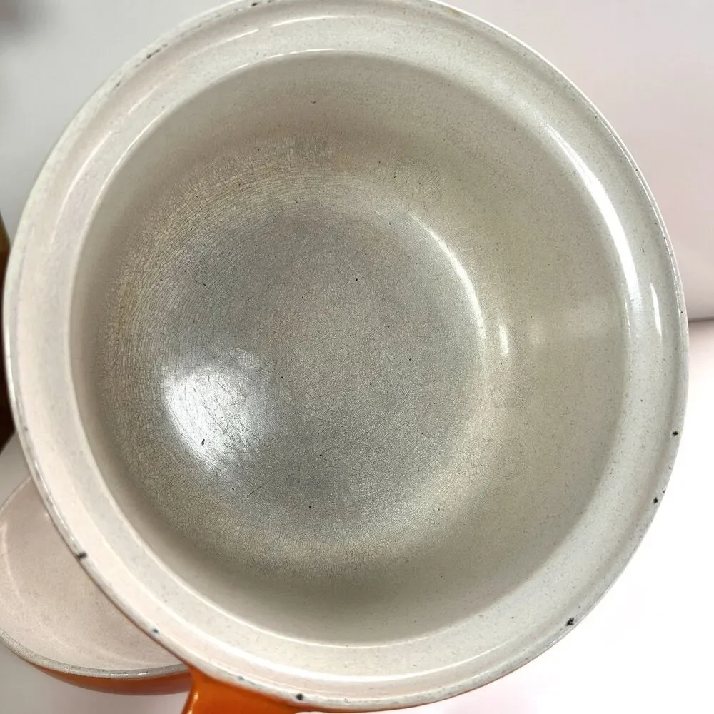 Vintage Descoware Enameled Cast Iron Flame-Orange Saucepan And Skillet-Lid Combo